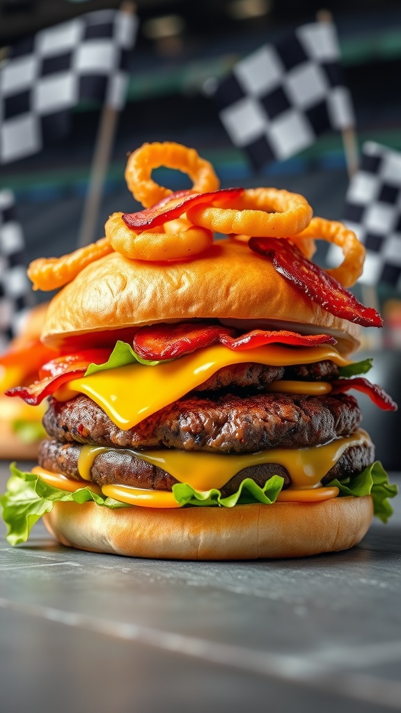 A delicious racing burger with beef patty, cheese, bacon, lettuce, and tomato, set against a racetrack backdrop.
